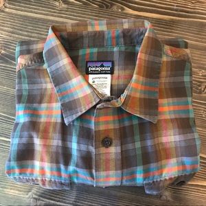Patagonia Plaid Shirt, Size Medium, Colors Tan, Orange, and Teal.